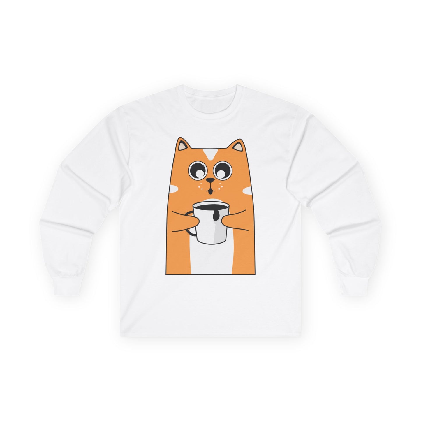 Cute Cat Coffee Long Sleeve Tee, Unisex Tee for Cat Lovers, Gift for Pet Owners, Cozy Casual Wear, Perfect for Birthdays