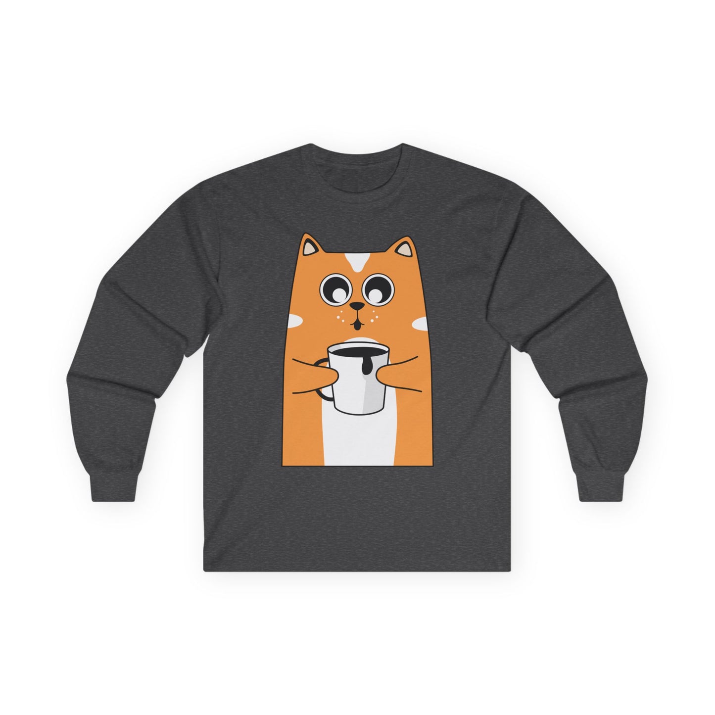 Cute Cat Coffee Long Sleeve Tee, Unisex Tee for Cat Lovers, Gift for Pet Owners, Cozy Casual Wear, Perfect for Birthdays