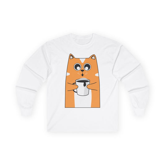 Cute Cat Coffee Long Sleeve Tee, Unisex Tee for Cat Lovers, Gift for Pet Owners, Cozy Casual Wear, Perfect for Birthdays