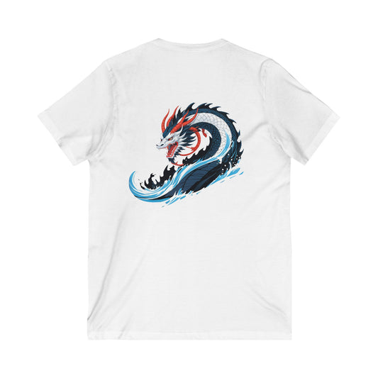 Dragon Wave V-Neck Tee for Ocean Lovers, Beachwear, Graphic T-Shirt, Unisex Casual Top, Gift for Anime Fans, Summer Style