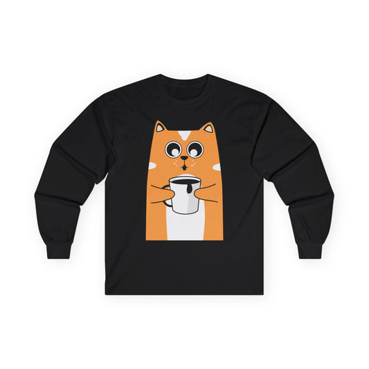 Cute Cat Coffee Long Sleeve Tee, Unisex Tee for Cat Lovers, Gift for Pet Owners, Cozy Casual Wear, Perfect for Birthdays